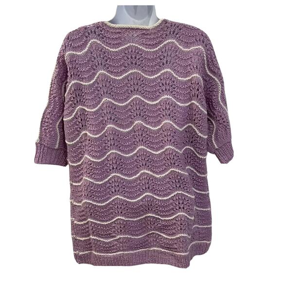 Womens M L Hand Knit Handmade Purple Short Sleeve Sweater Grannycore Cottage - Picture 3 of 12